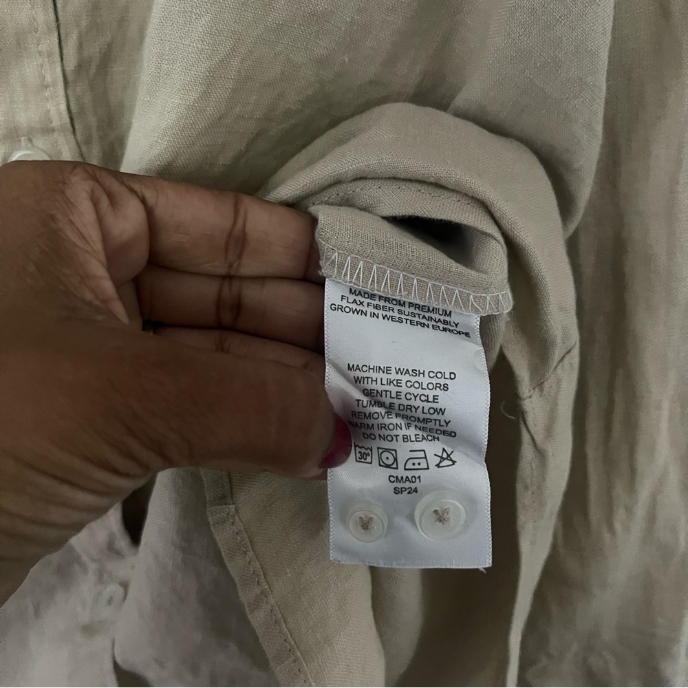 Quince 100% European linen long sleeve button front career beach khaki shirt S - Picture 3 of 8